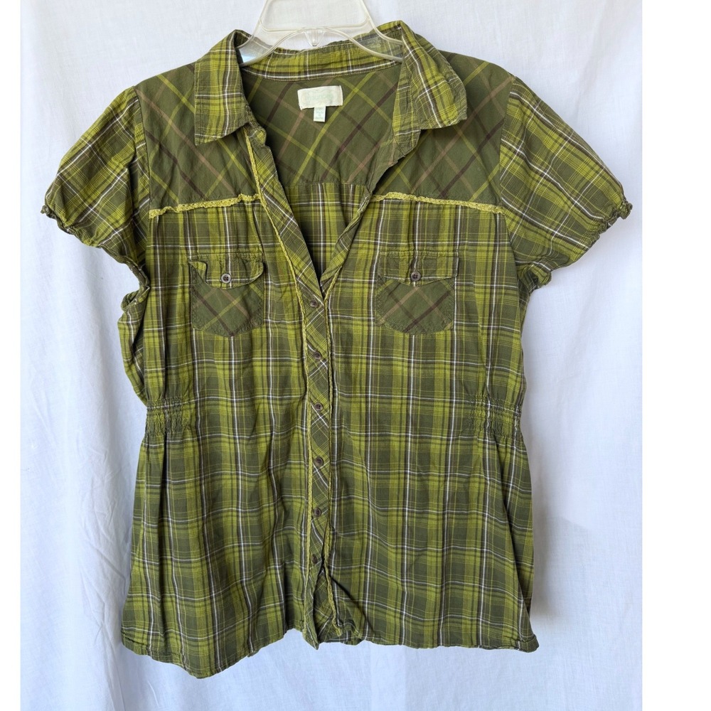 Y2K 100% Cotton Maurices Plaid Button Up Cottagecore Top Green Short Sleeve 2x
